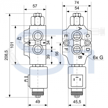 6/2-Wege Elektromagnetventil 30L R 3/8" - 12 V DC - mit Lecköl