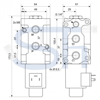 6/2-Wege Elektromagnetventil 60L R 1/2" - 24 V DC - mit Lecköl