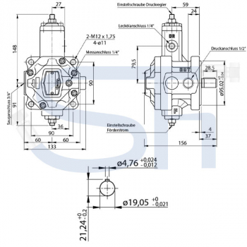 Flügelzellen Verstellpumpe 22,2ccm - 10 - 55 Bar Druckregler - max. 55 Bar