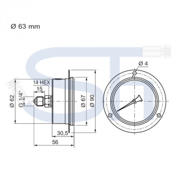 Manometer Ø 63 - 0 - 250 BAR - R 1/4" hinten zentriert für Tafeleinbau