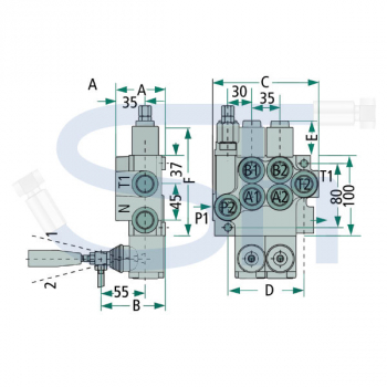 Steuerventil 50 l/min - 2 Sektionen - Doppeltwirkend, davon 1 x mit Schwimmstellung in Neutralposition