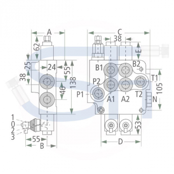 Steuerventil 80 l/min - 2 Sektionen - Doppeltwirkend - 1 x geschlossen / 1 x verbunden