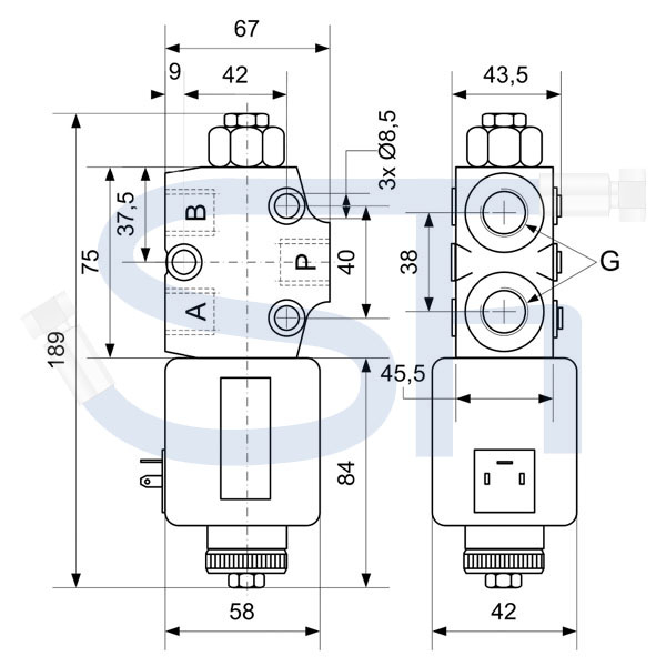 3/2-Wege Elektromagnetventil 30L R 3/8" - 12 V DC - mit Lecköl