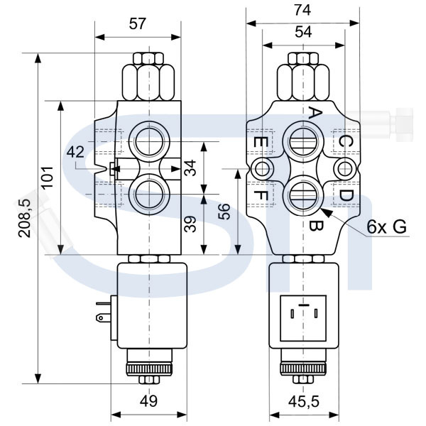 6/2-Wege Elektromagnetventil 30L R 3/8" - 24 V DC - mit Lecköl