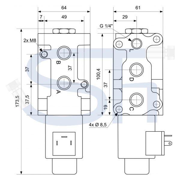 6/2-Wege Elektromagnetventil 60L R 1/2" - 24 V DC - ohne Lecköl