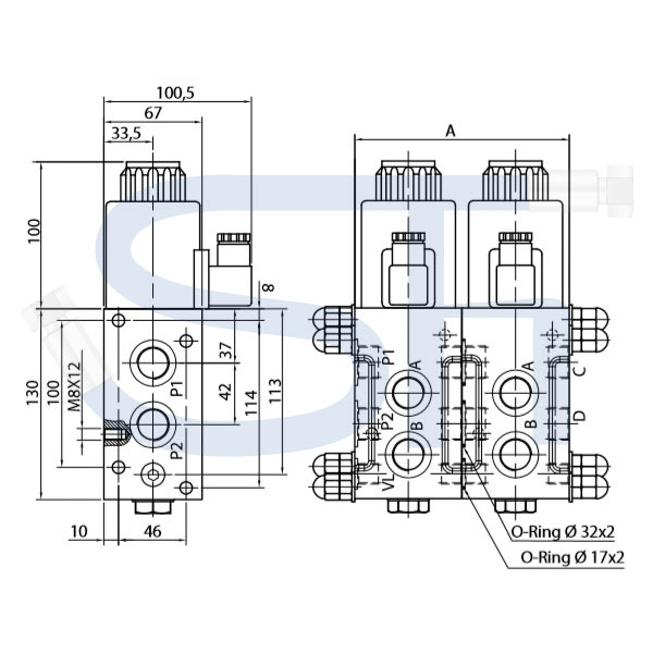 6/2-Wege Elektromagnetventil 90L R 3/4" - 24 V DC - mit Lecköl