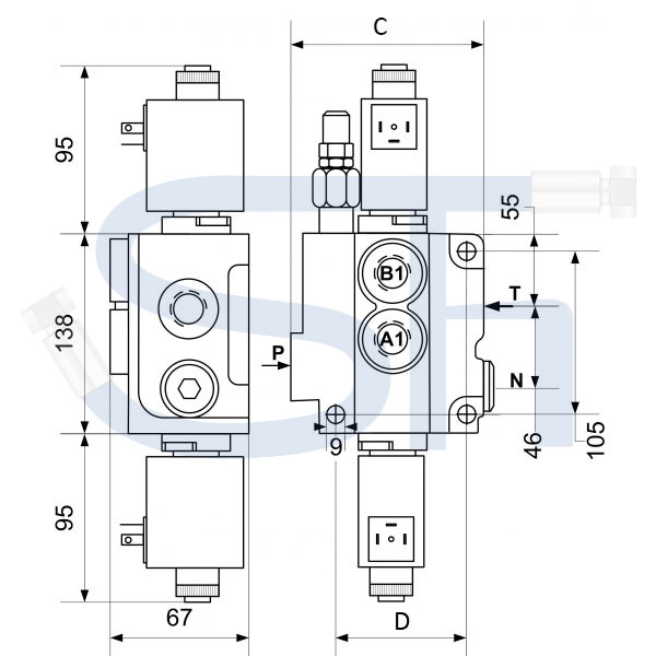 Elektrisches Steuerventil 80 l/min - 5 Sektionen - Doppeltwirkend - 24 V DC