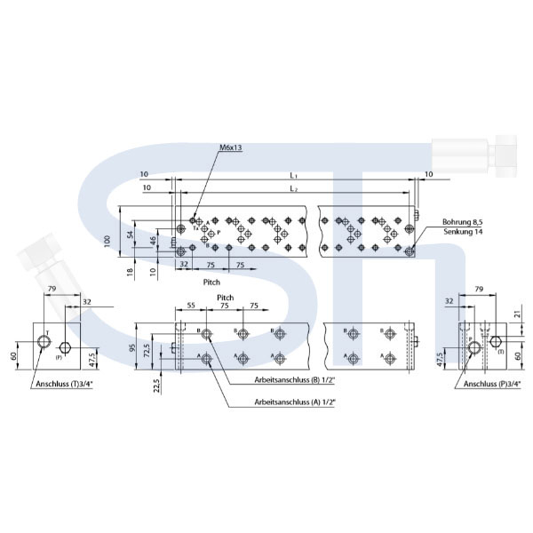 Grundplatte für Ventil CETOP 05 - NG10 - 2-fach