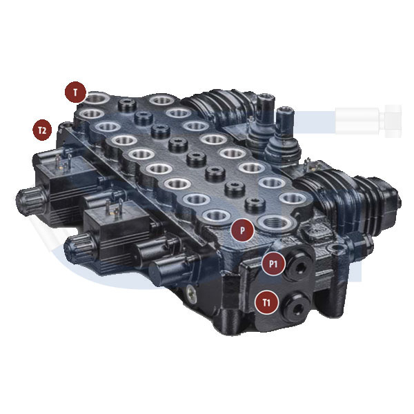 Forstkranventil 70 l/min - 12 V - 8 Funktionen - für Rückewagen - Konstantpumpe - Schwarz/Weiß - SDM 100/8