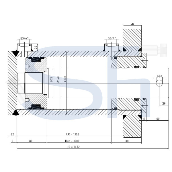 Holzspalterzylinder mit Kopfflansch 140/75/1200 Hub