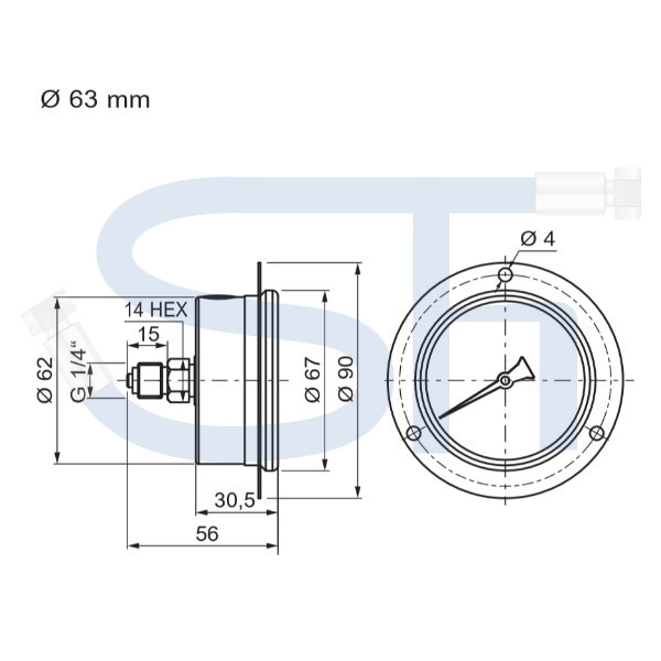 Manometer Ø 63 - 0 - 250 BAR - R 1/4" hinten zentriert für Tafeleinbau