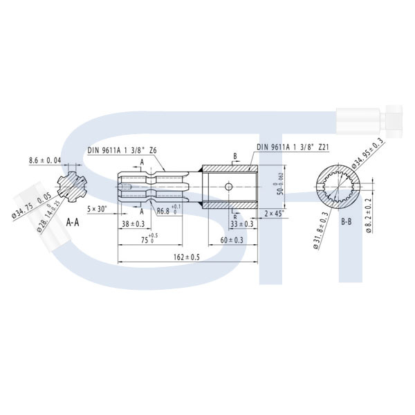 Profil-Reduzierstück - R 1 3/8" 6 Zähne - R 1 3/8" 21 Zähne - Zapfwellenadapter