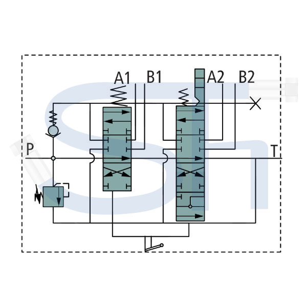 Steuerventil 50 l/min - 2 Sektionen mit Kreuzhebel - Doppeltwirkend, davon 1 x mit Schwimmstellung