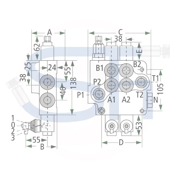 Steuerventil 80 l/min - 2 Sektionen - Doppeltwirkend, davon 1 x mit Schwimmstellung in Neutralposition