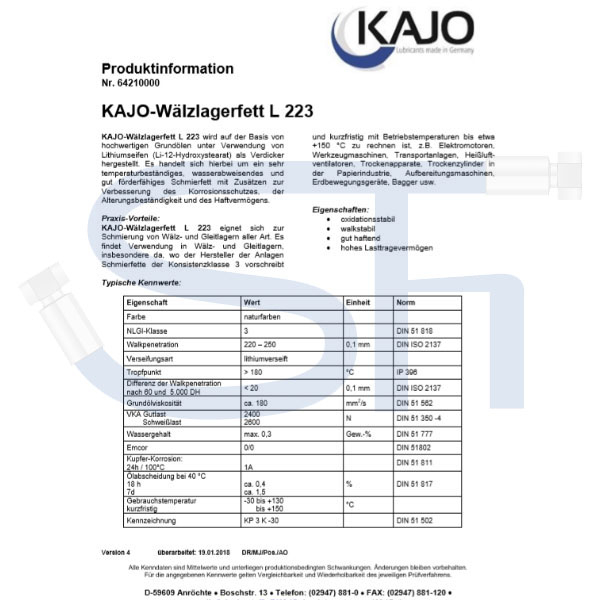 Wälzlagerfett KAJO L223 - 500g Kartusche (Einschraubkartusche)